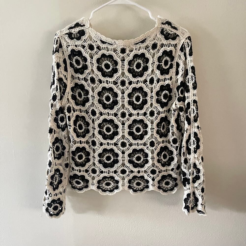 Adiva Black Cream Floral Long Sleeve Crochet Top Women Size Large Boho Chic - Picture 2 of 8
